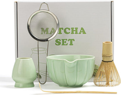 Matcha Whisk Set, Matcha Set Includes Ceramic Matcha Bowl, Bamboo Whisk, Scoop, Chasen Holder, Sifter, 5 Pcs Perfect Matcha Kit for Matcha Lover (Mottled Green)