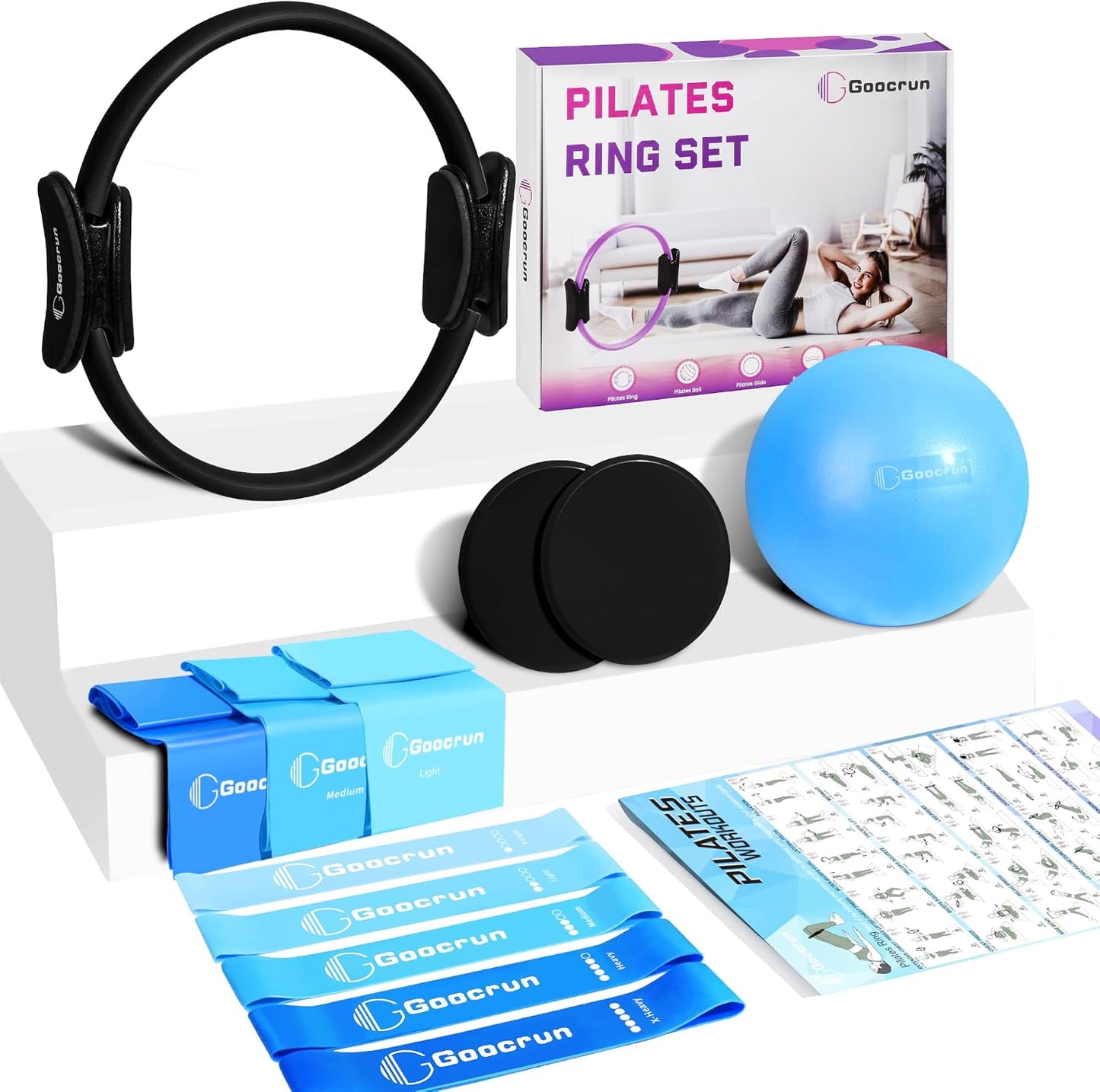 Goocrun Pilates Ring Set Exercise Equipment, with Exercise Resistance Bands Set, Pilates Ball, Sliding Disks. Portable Home Gym - with Fitness Guide Poster
