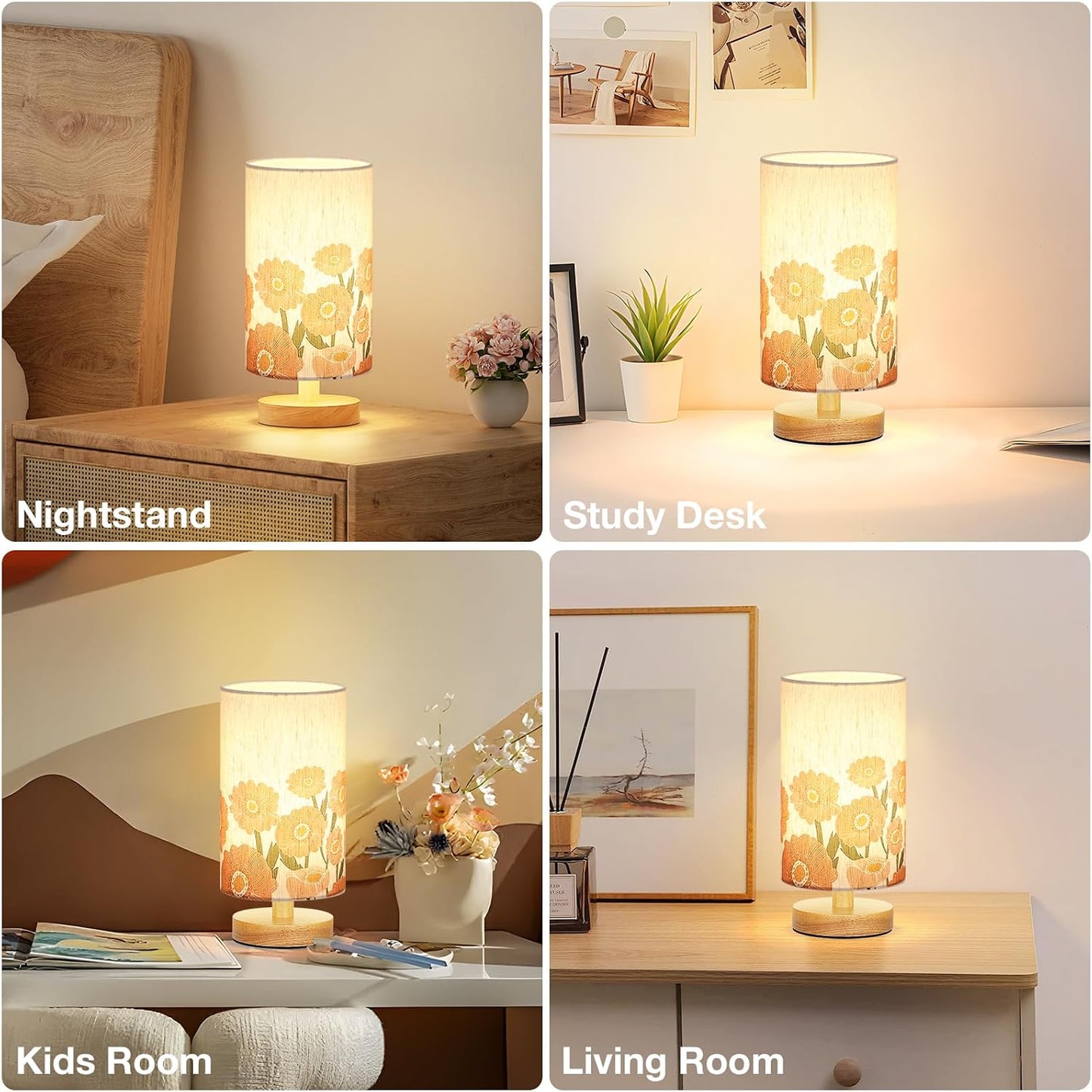 Fenmzee Small Table Lamp for Bedroom - Inline Control, Bedside Lamp with 3000K A15 LED Blub, Easy Assembly (Cream Shade - Wood Base, 9" Inline Control)