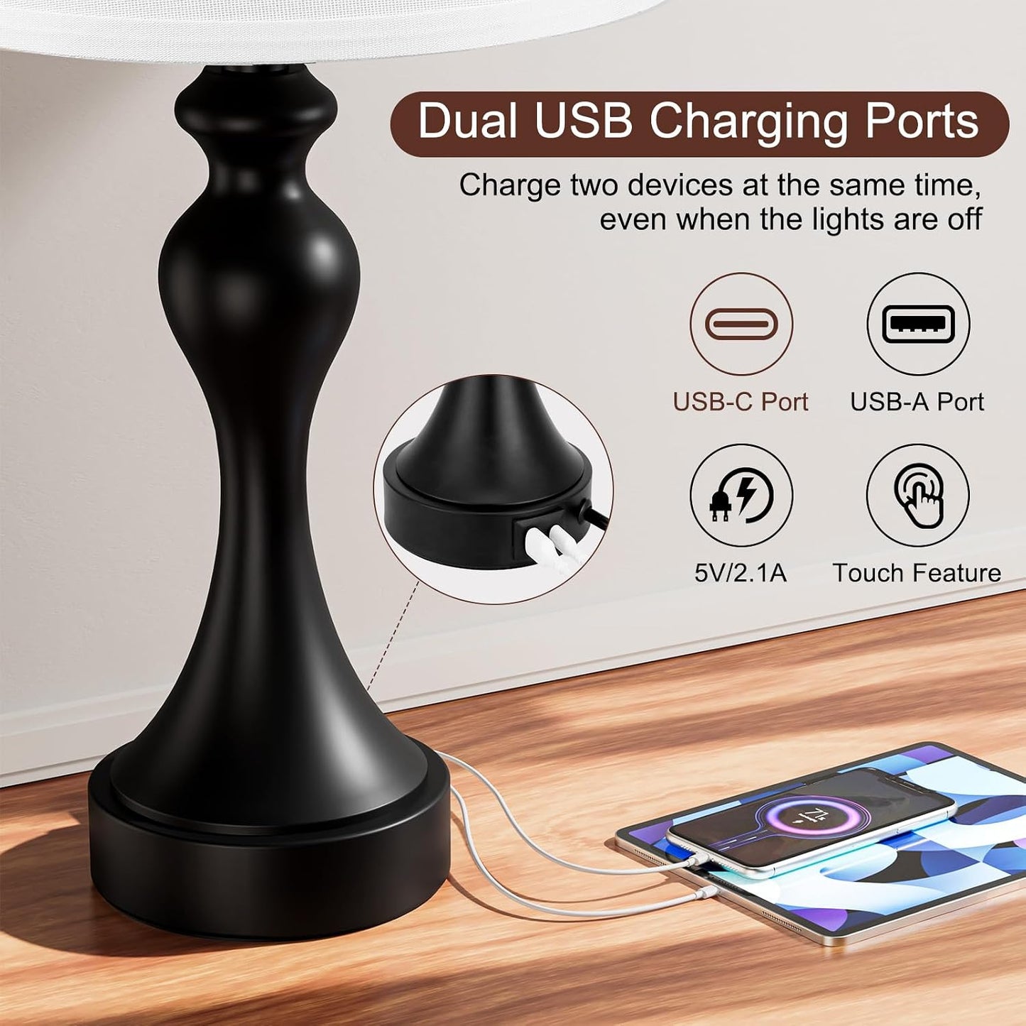 Seealle Touch Lamps for Nightstand - Bedside Lamps Set of 2, 3 Way Dimmable, USB C+A for Bedroom & End Tables (LED Bulbs Included)