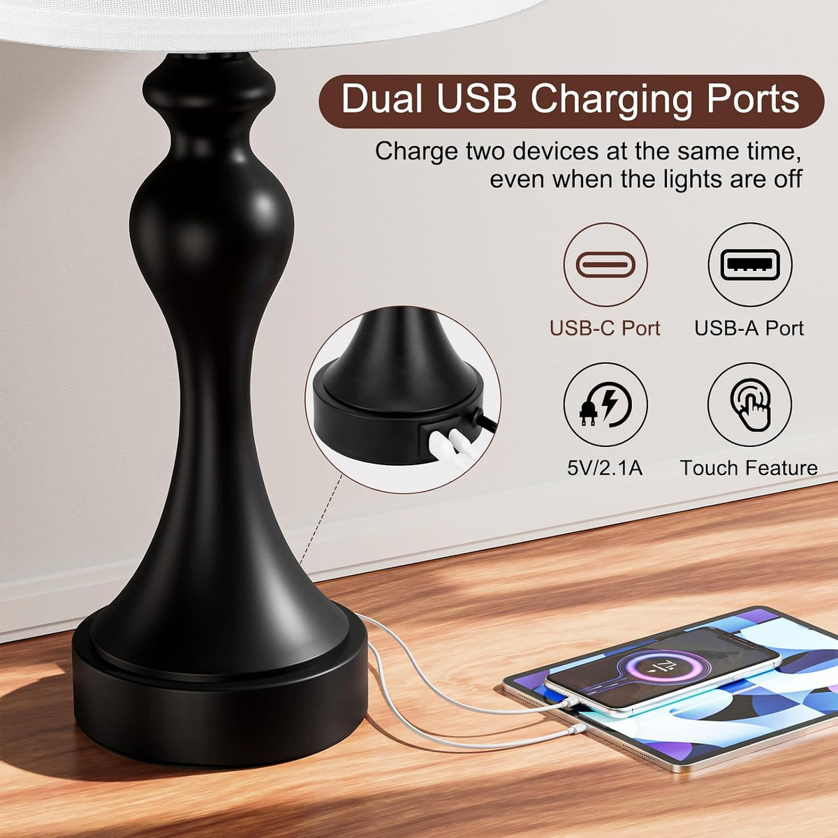 Touch Lamps for Nightstand, 3 Way Dimmable Bedside Lamps with USB C+A Ports