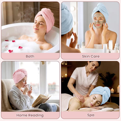 Mandydov 100% Cotton Hair Towel Wrap for Women, 2 Pack Thickened & Super Absorbent Turbans, Anti Frizz Quick Dry Hair Towels (Blue, Pink Blush)