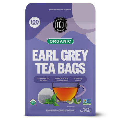 FGO Organic Earl Grey Black Tea, 100 Count, Eco-Conscious Tea Bags, Resealable Bag, Packaging May Vary (Pack of 1)