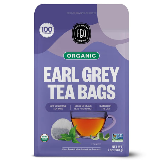 FGO Organic Earl Grey Black Tea, 100 Count, Eco-Conscious Tea Bags, Resealable Bag, Packaging May Vary (Pack of 1)