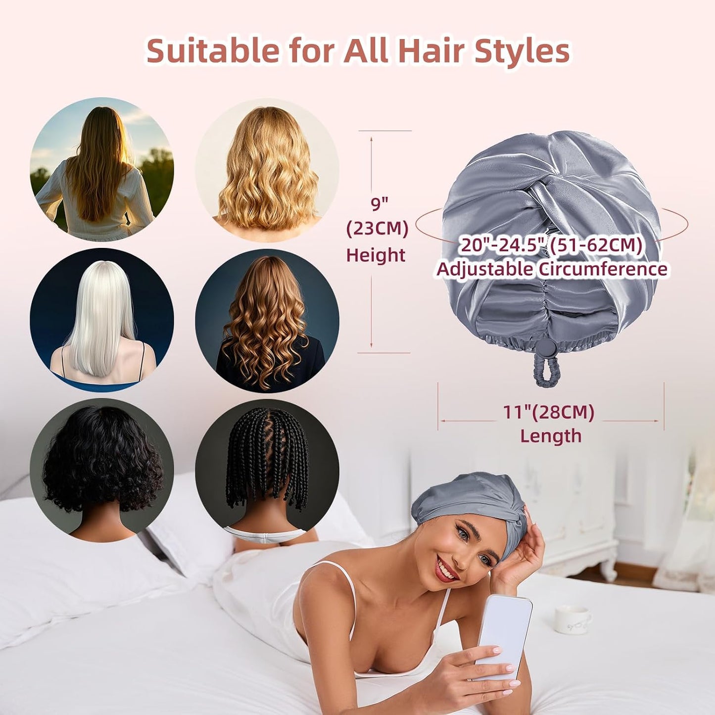Adjustable Silk Satin Hair Bonnet for Sleeping Women, Double Layer, Silk Hair Wrap for Sleeping Women Men, Curly Natural Braid Straight Unisex - Pink