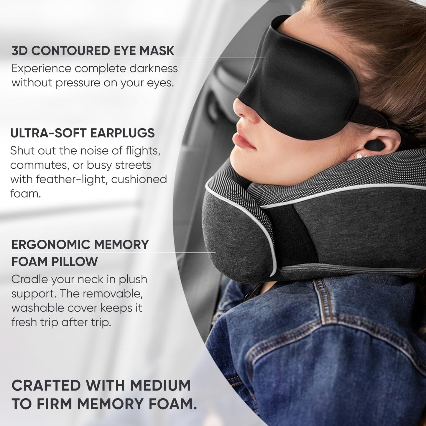 Proglobe Travel Neck Pillow for Airplanes, Long Haul Flight Kit, Grey