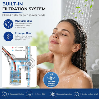 Ryamen Upgraded Dual Shower Heads Combo, 10 inch Filtered Shower Head with Handheld, 3-Way Rain Shower Head with Filters, 7 Settings Handheld Spray, High Pressure, Height Adjustable (Black)