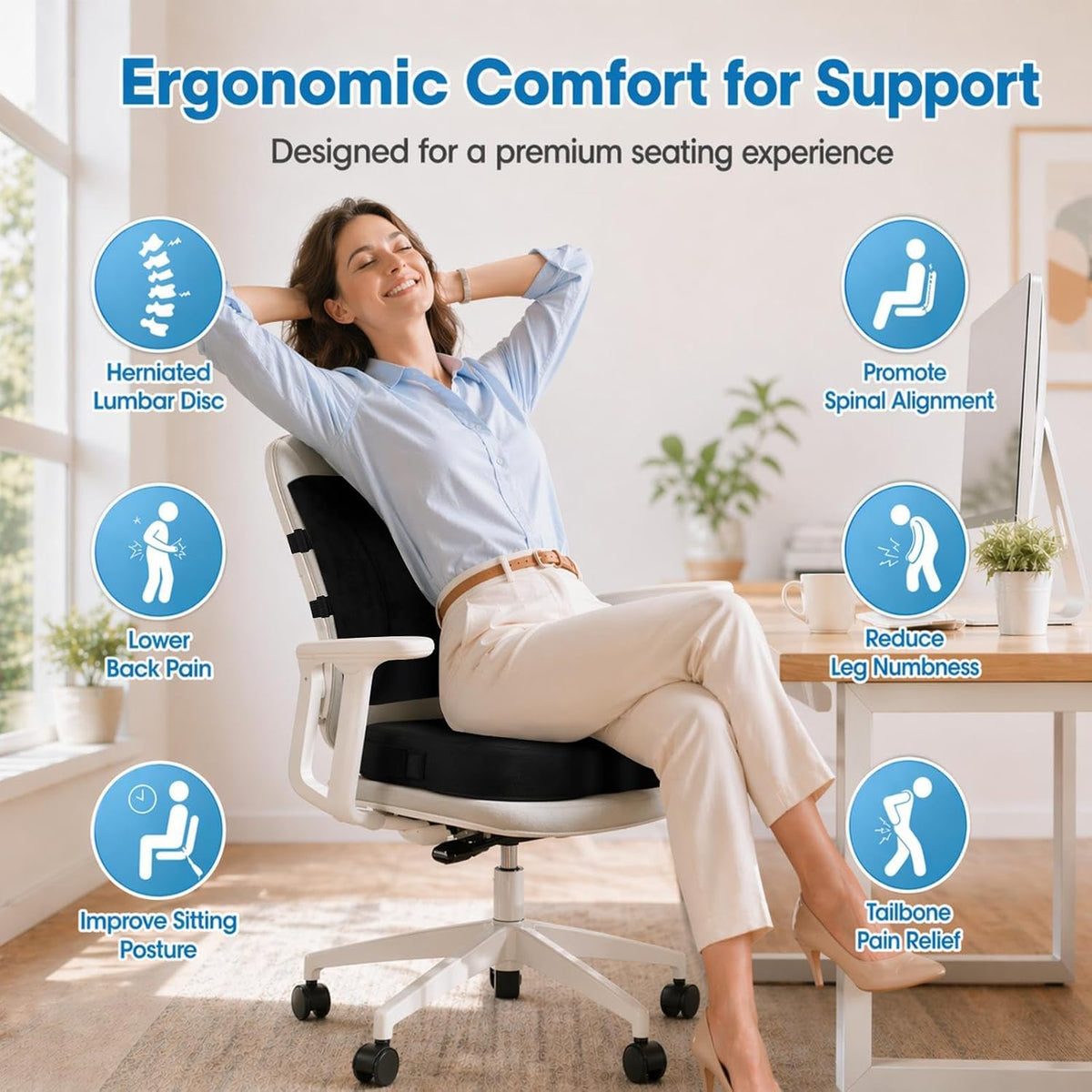 CloudBliss Ergonomic Seat Cushion & Lumbar Support Pillow Set, Black,Large