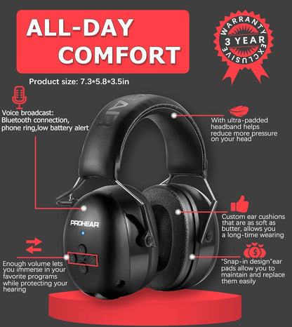 PROHEAR 037 Bluetooth 6.0 Hearing Protection Headphones with Rechargeable 1500mAh Battery, 30dB SNR Safety Noise Reduction Ear Muffs 120H Playtime for Mowing, Workshops, Snowblowing - Black