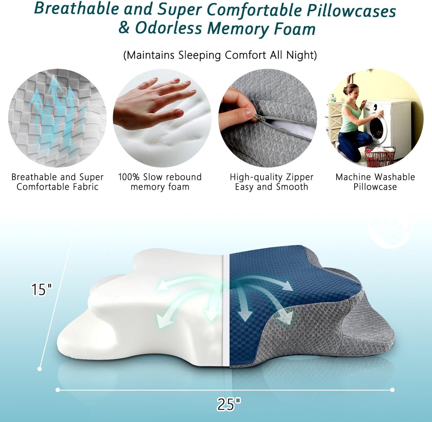 CHxxy Cervical Neck Pillow for Pain Relief Sleeping, Memory Foam Pillows, Ergonomic Side Sleeper Pillows, Cooling Orthopedic Neck Support Pillow for Back Stomach Sleepers-Queen Size Grey&Grey