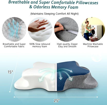 CHxxy Cervical Neck Pillow for Pain Relief Sleeping, Memory Foam Pillows, Ergonomic Side Sleeper Pillows, Cooling Orthopedic Neck Support Pillow for Back Stomach Sleepers-Queen Size Grey&Grey