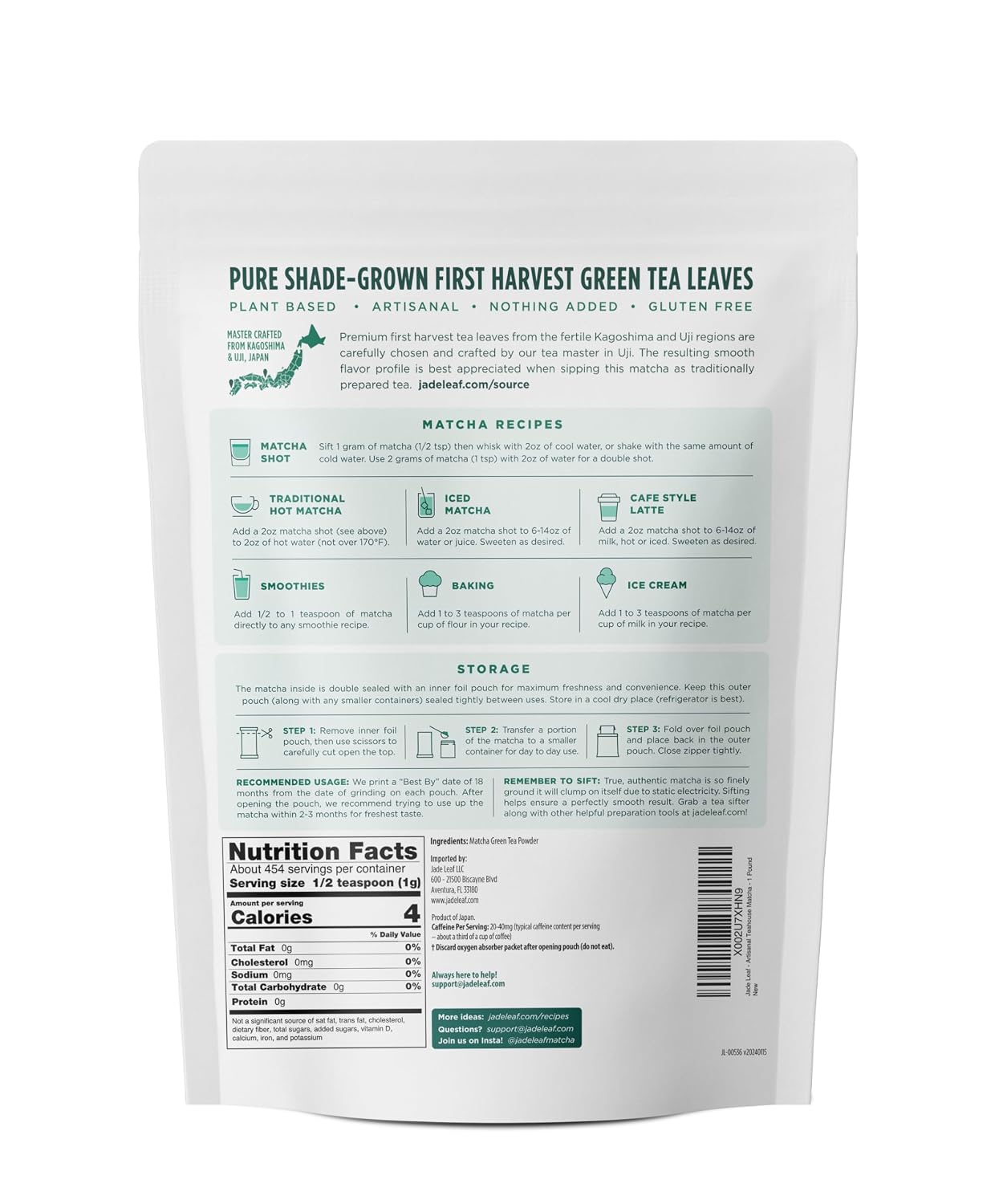 Jade Leaf Matcha - Artisanal Barista Edition - Ceremonial Grade, First Harvest, Authentic Japanese Origin Matcha Powder for Café Quality Tea & Lattes, 50 Servings (1.76 Ounce Pouch)