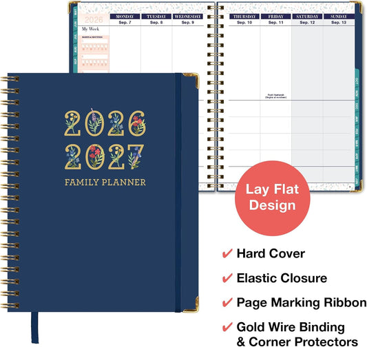 FAMILY PLANNER ORGANIZER – 8.5" x 11" Weekly & Monthly Calendar (May 2026-Jun 2027). 5+ People, Meal Planning, Budgeting, Habit Tracker – Hardcover, Household Schedule Organizer for Parents, Kids, & Caregivers (Navy Gold Numbers)