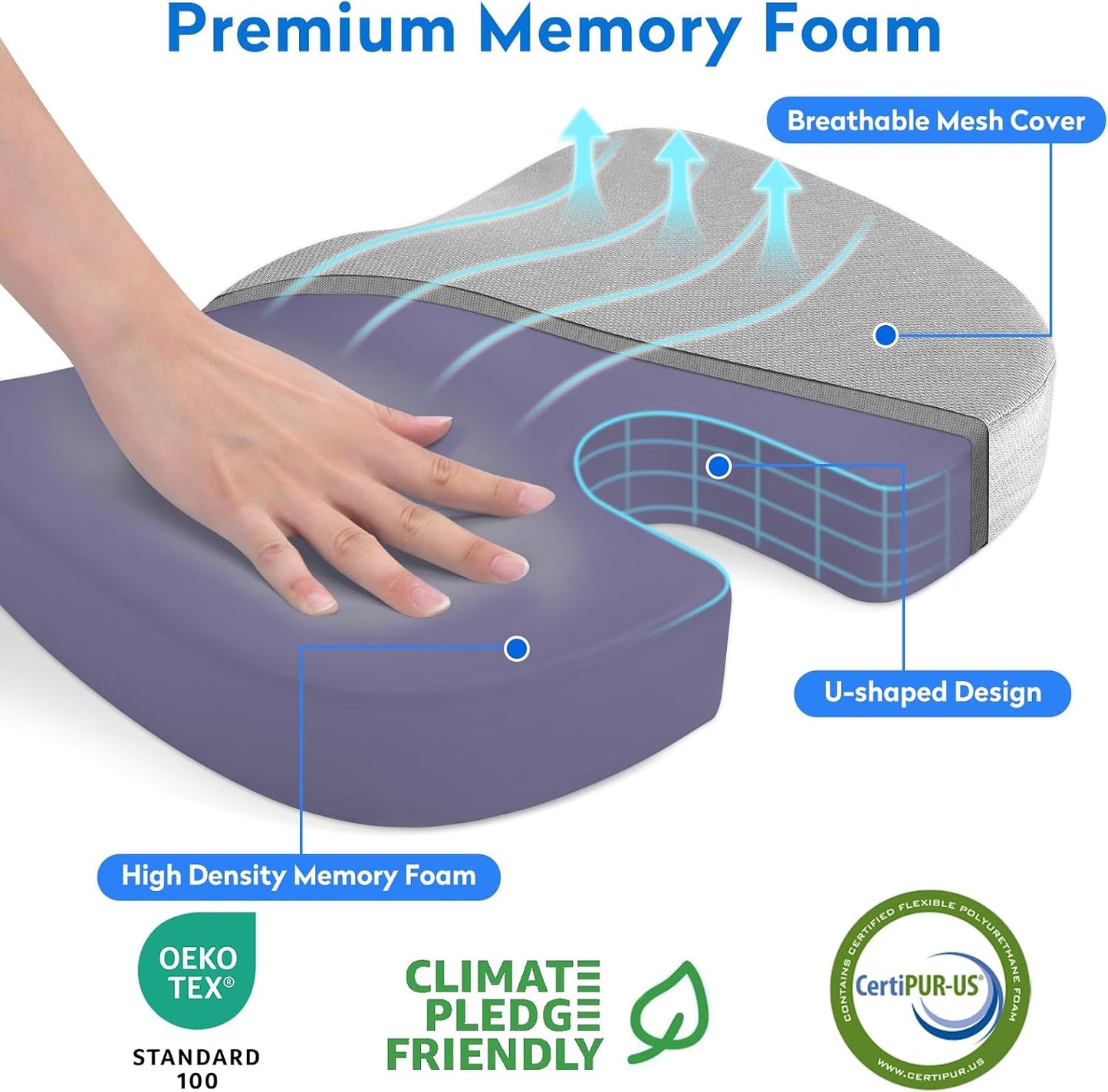 CushZone Seat Cushion - Memory Foam Office Chair Cushion for Sciatica, Tailbone & Back Pain Relief - Orthopedic Coccyx Pillow for Car, Airplane, Pregnancy & Long Sitting at Work, Black