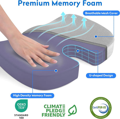 CushZone Seat Cushion - Memory Foam Office Chair Cushion for Sciatica, Tailbone & Back Pain Relief - Orthopedic Coccyx Pillow for Car, Airplane, Pregnancy & Long Sitting at Work, Black
