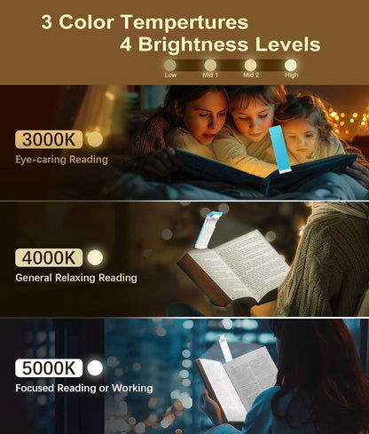 VTIGER Reading Light, USB Rechargeable Book Light for Reading in Bed,Foldable Clip-on LED Booklight, 3 Amber Colors & 4 Brightness Dimmable,Long Lasting Portable Bookmark Lamp for Book Lovers, Kids