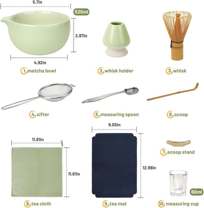 Joiish Matcha Whisk Set, Matcha Kit 10-Pcs, Bamboo Whisk and Ceramic Bowl with Spout & Measuring Spoon & Cup, Japanese Ceremony Matcha Tea Powder Making Tools, Light Green