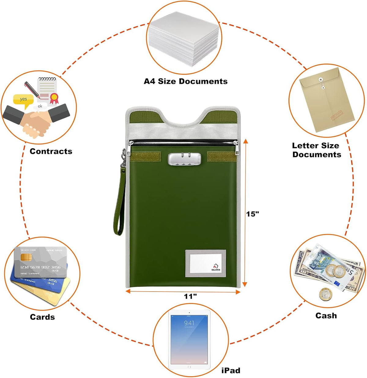 Fireproof Document Bag with Lock (5200℉), 15”x 11”Fireproof Money Bag, Waterproof Zipper Pouch for A4 A5 Legal Letter Size Document, Tablet, Valuables, Jewelry, Cash and Passport
