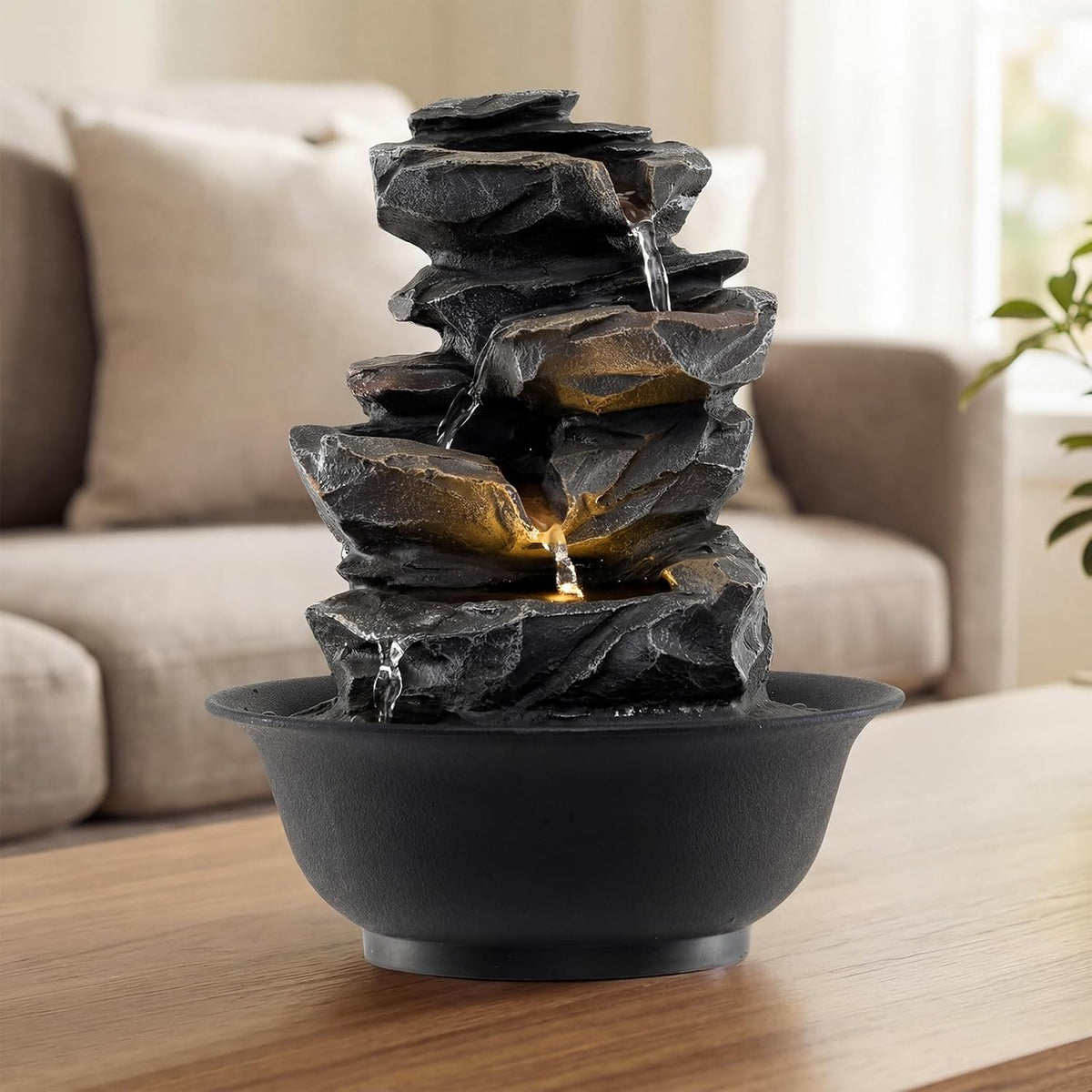 Giantex Tabletop Water Fountain with Warm LED Light, Tiered Rock Waterfall with Pump, Zen Meditation Desktop Decor for Office, Home Relaxation