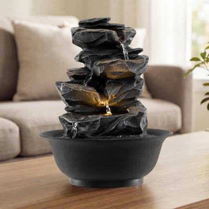 Giantex Tabletop Water Fountain with Warm LED Light, Tiered Rock Waterfall with Pump, Zen Meditation Desktop Decor for Office, Home Relaxation