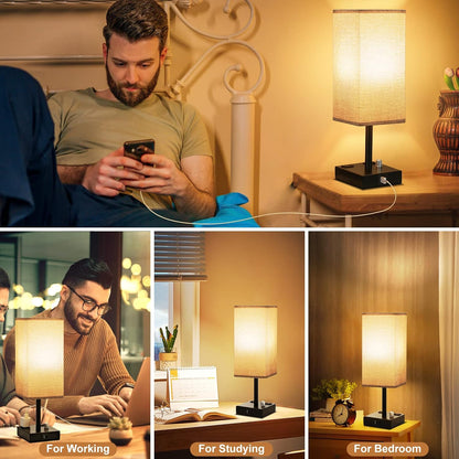 Bedside Table Lamps Set of 2 for Bedroom - Dimmable, USB C+A, 2 AC Outlets