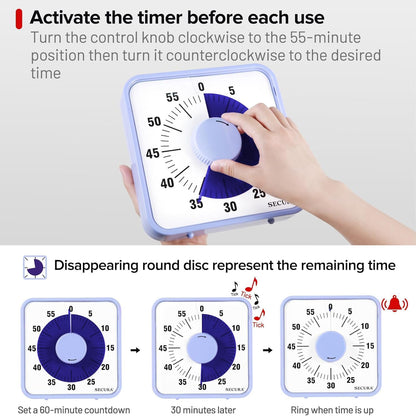 Secura 7.5 Inch Visual Timer, 60 Minute Visual Oversize Countdown Timer for Kids and Adults, Durable Mechanical Time Management Tool (Dark Green)