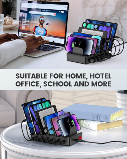 50W 6 Ports Multi Charger Station, USB Charging Dock for Multiple Devices