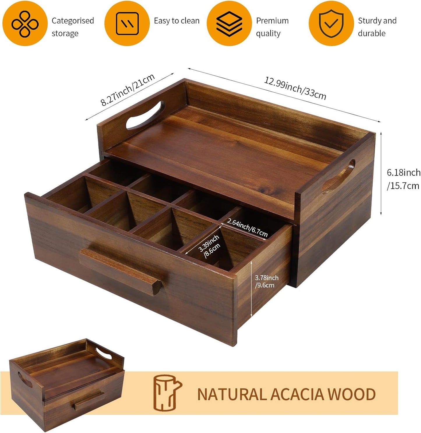 Acacia Wood Tea Bag Organizer Drawer with 12 Compartments, Premium Wooden Tea Box Storage Caddy & Multi Functional Countertop Tea Station
