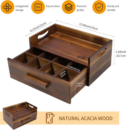 Acacia Wood Tea Bag Organizer Drawer with 12 Compartments, Premium Wooden Tea Box Storage Caddy & Multi Functional Countertop Tea Station
