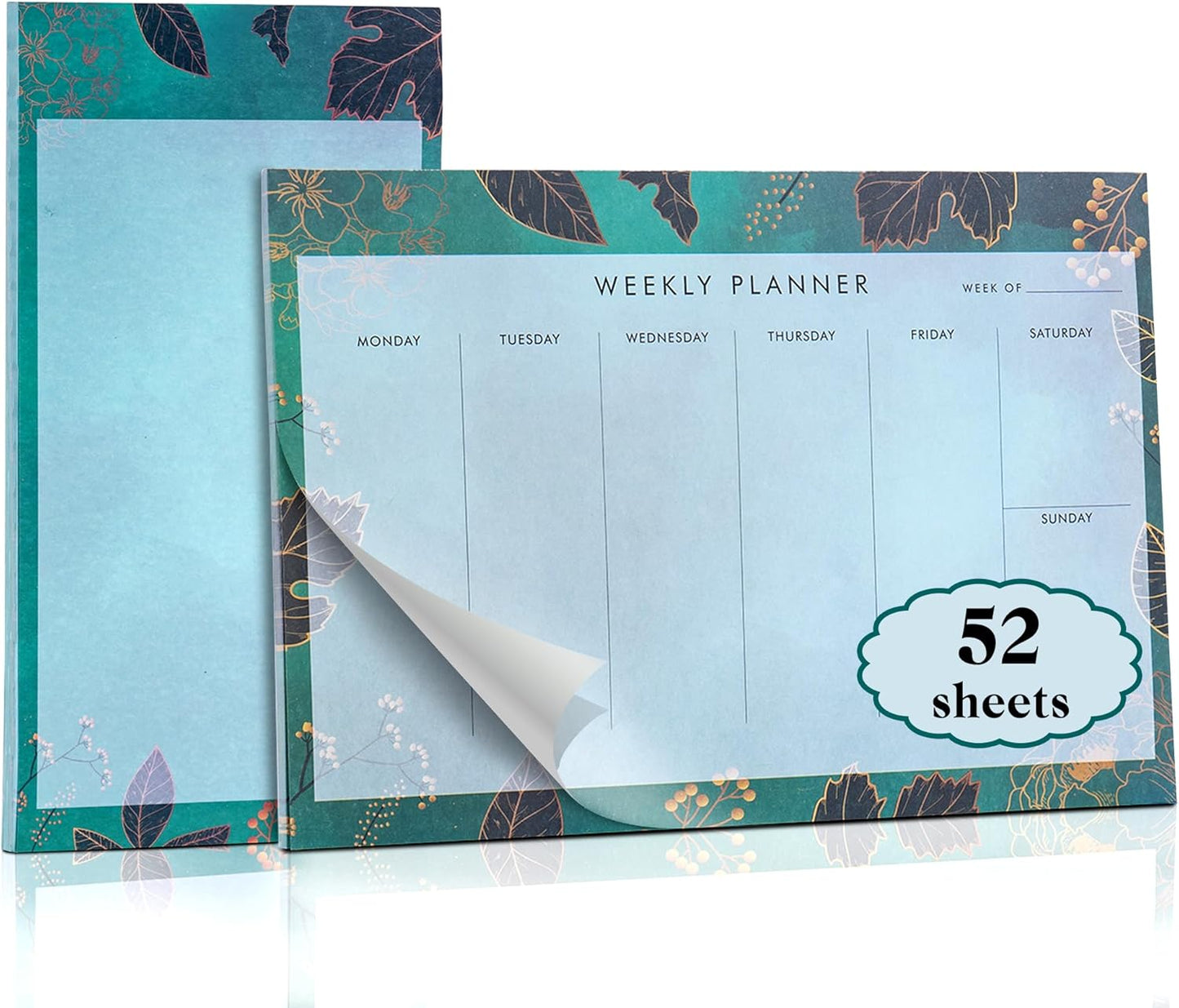 Weekly Planner Notepad Tear Off Set of 2 Weekly Calendar Pad 52 Undated To Do List Notepad Sheets Desk Planner Planning Pads Productivity Tracker for Work Goals Notes Schedule Ideas, Floral Blue