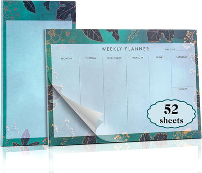 Weekly Planner Notepad Tear Off Set of 2 Weekly Calendar Pad 52 Undated To Do List Notepad Sheets Desk Planner Planning Pads Productivity Tracker for Work Goals Notes Schedule Ideas, Floral Blue