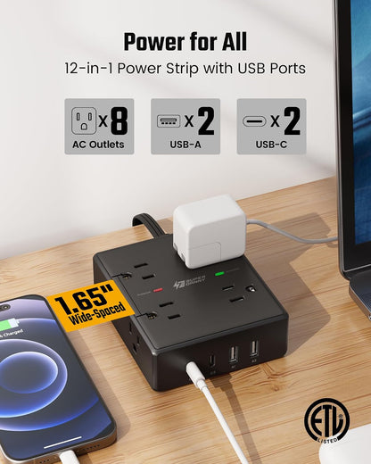 SUPERDANNY Extension Cord,Flat Plug Surge Protector Power Strip,10Ft