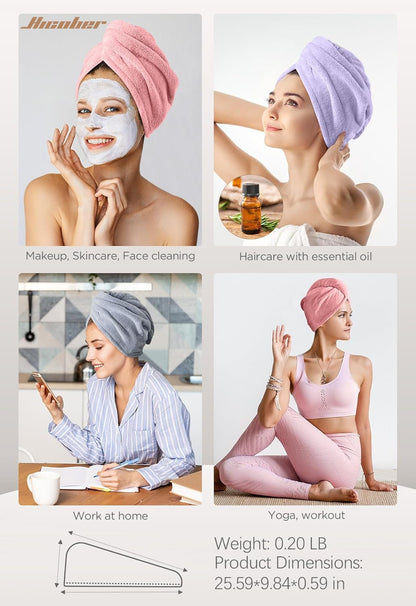Hicober Microfiber Hair Towel Wrap, Fast Drying Hair Towels for Women, Soft Lightweight Quick Dry Turban for Curly & Long Hair–3 Pack(Blue/Grey/Pink)