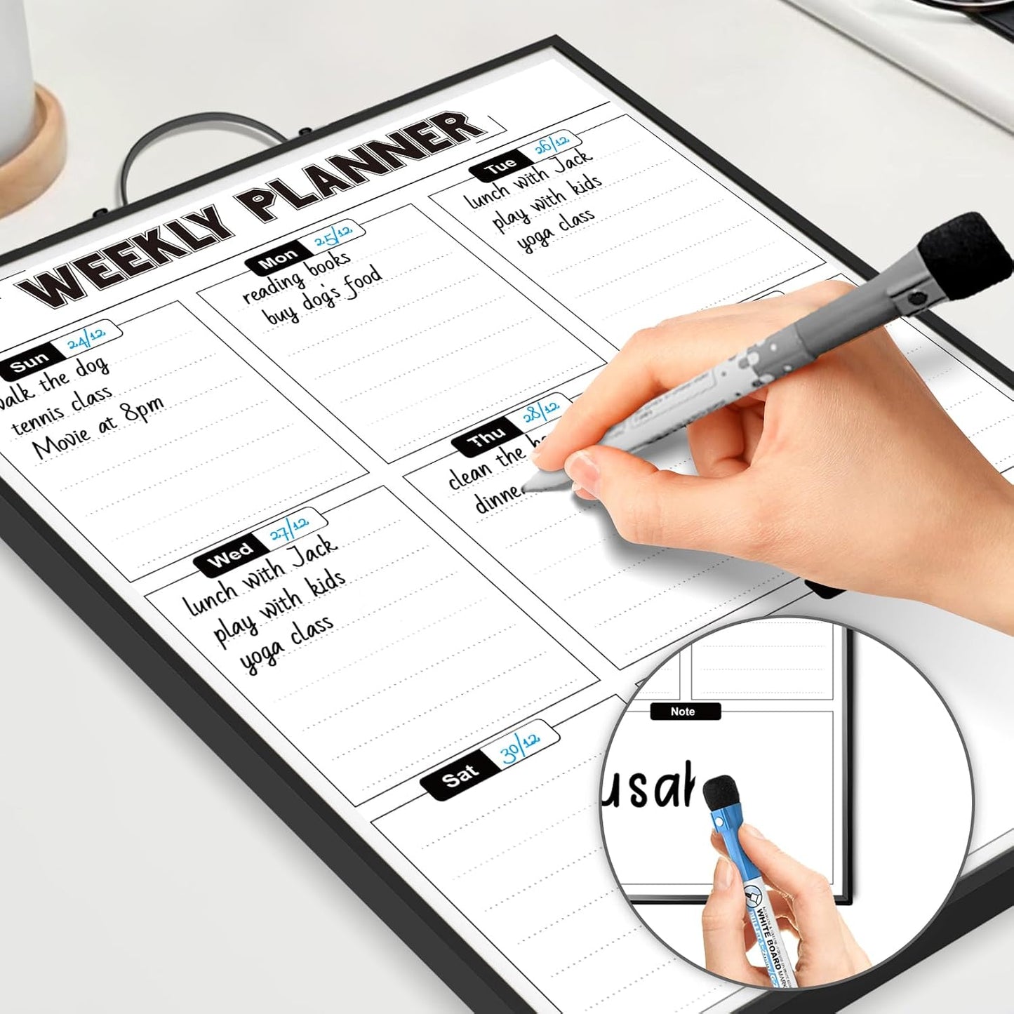 Weekly Planner Whiteboard 16"x12" with Handle | Magnetic Dry Erase Weekly Calendar with Aluminum Frame, Portable Hanging Board for Wall, Door, Desktop, 2 Markers & Magnets