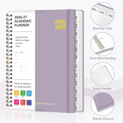 Planner 2026-2027, Weekly and Monthly Calendar Planner, JUL 2026 - JUN 2027 | A5(6.3'' x 8.5''), Hardcover, Agenda Book, Sprial Bound, Inner Pocket, Office and School Use