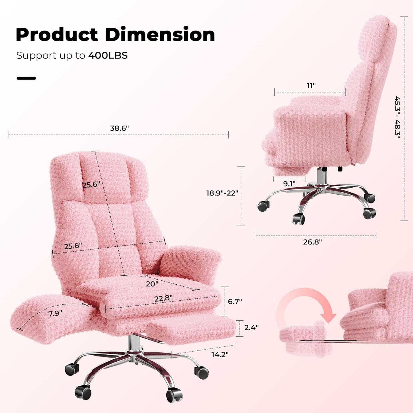 Big and Tall Office Chair, Flip Armrests for Pets & Cross Legged Sitting, Executive Ergonomic Computer Gaming Chair with Foot Rest, Teddy Fleece Wide Seat Reclining Desk Chair, White Vanity Chair