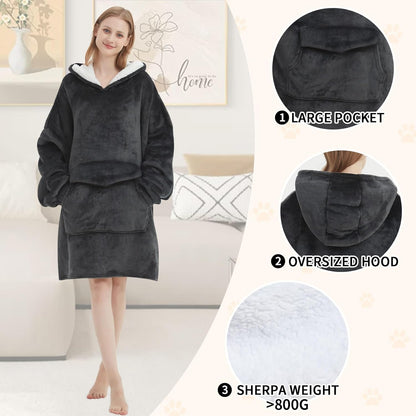 Mewkou Wearable Blanket Hoodie for Adult,Oversized Sherpa Fleece Blanket Hoodie for Women Men,Grey
