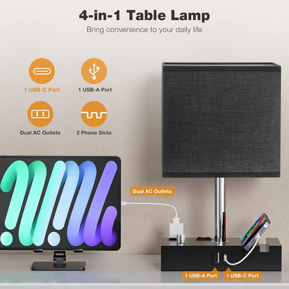Kakanuo Fully Dimmable Nightstand Lamp for Bedroom with USB C Ports, Grey Small Bedside Table Lamp with Charging Outlets and Phone Stands, Wooden Desk Lamp for Living Room, LED Bulb Included