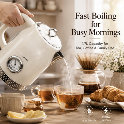 Retro Electric Tea Kettle, 1.7L, Matte White and Gold