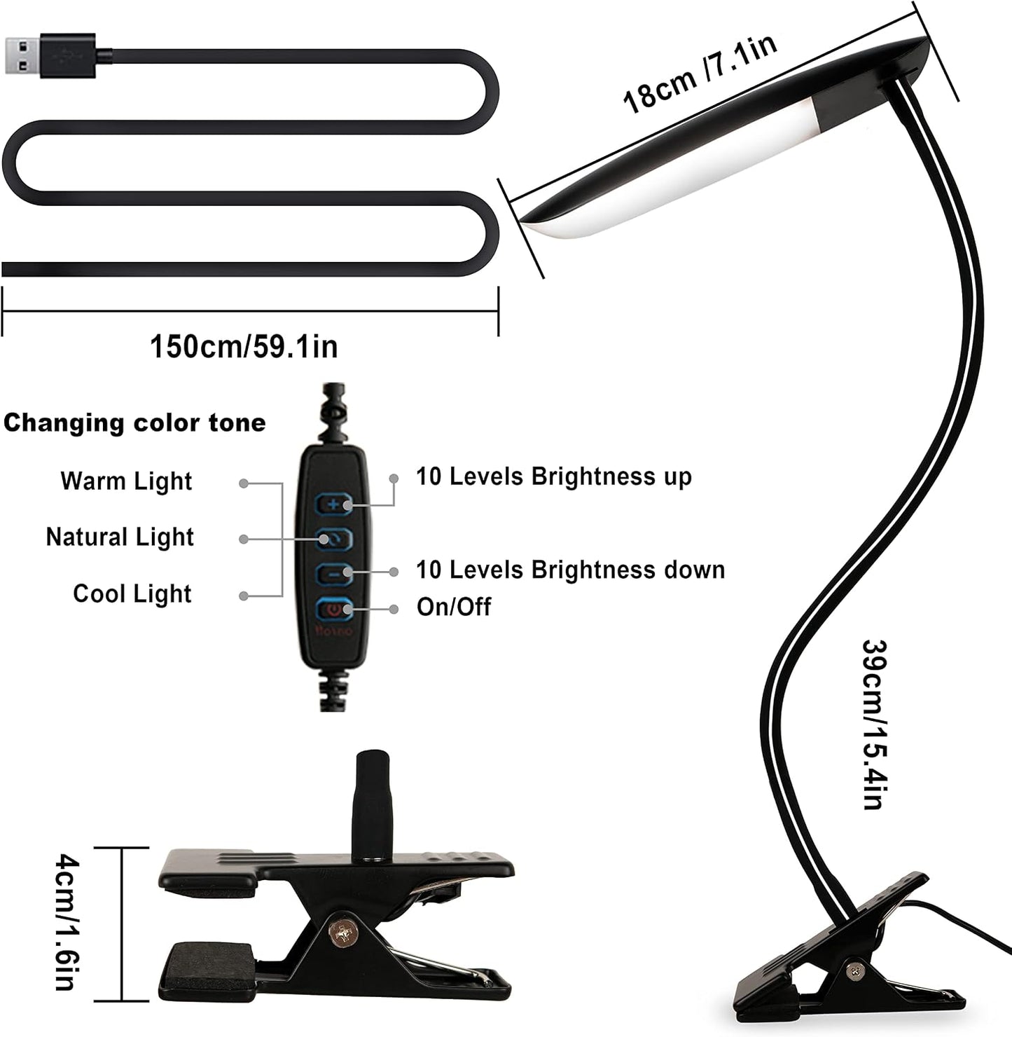 LiFMIRA Clip on Light USB Reading Light 3 Color Modes 10 Brightness Levels Eye Care Clamp Light Flexible Gooseneck Dimmable Reading Lamp Clip on Lamp for Bed Headboard Desk Bedside Dorm (Black)