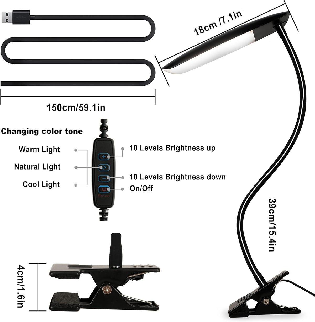 LiFMIRA Clip on Light USB Reading Light Desk Lamp 3 Color Modes Black