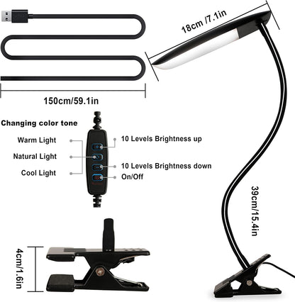 LiFMIRA Clip on Light USB Reading Light Desk Lamp 3 Color Modes Black