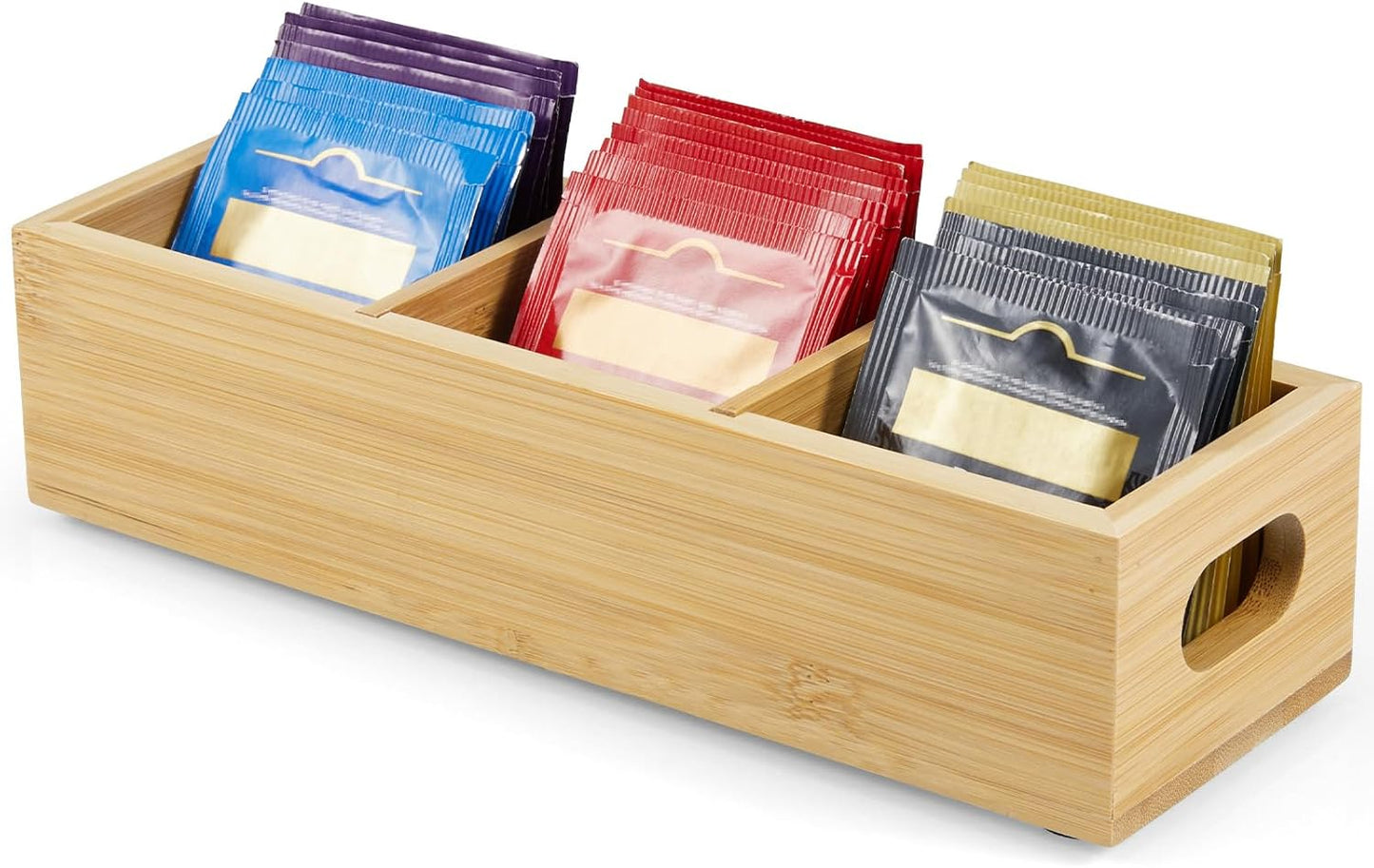 DRASTAR Tea Bag Organizer, Acacia Tea Bag Holder, Tea Storage Containers with 3 Slots, Wooden Tea Storage Accessories, Mini Tea Bag Caddy Box for Countertop
