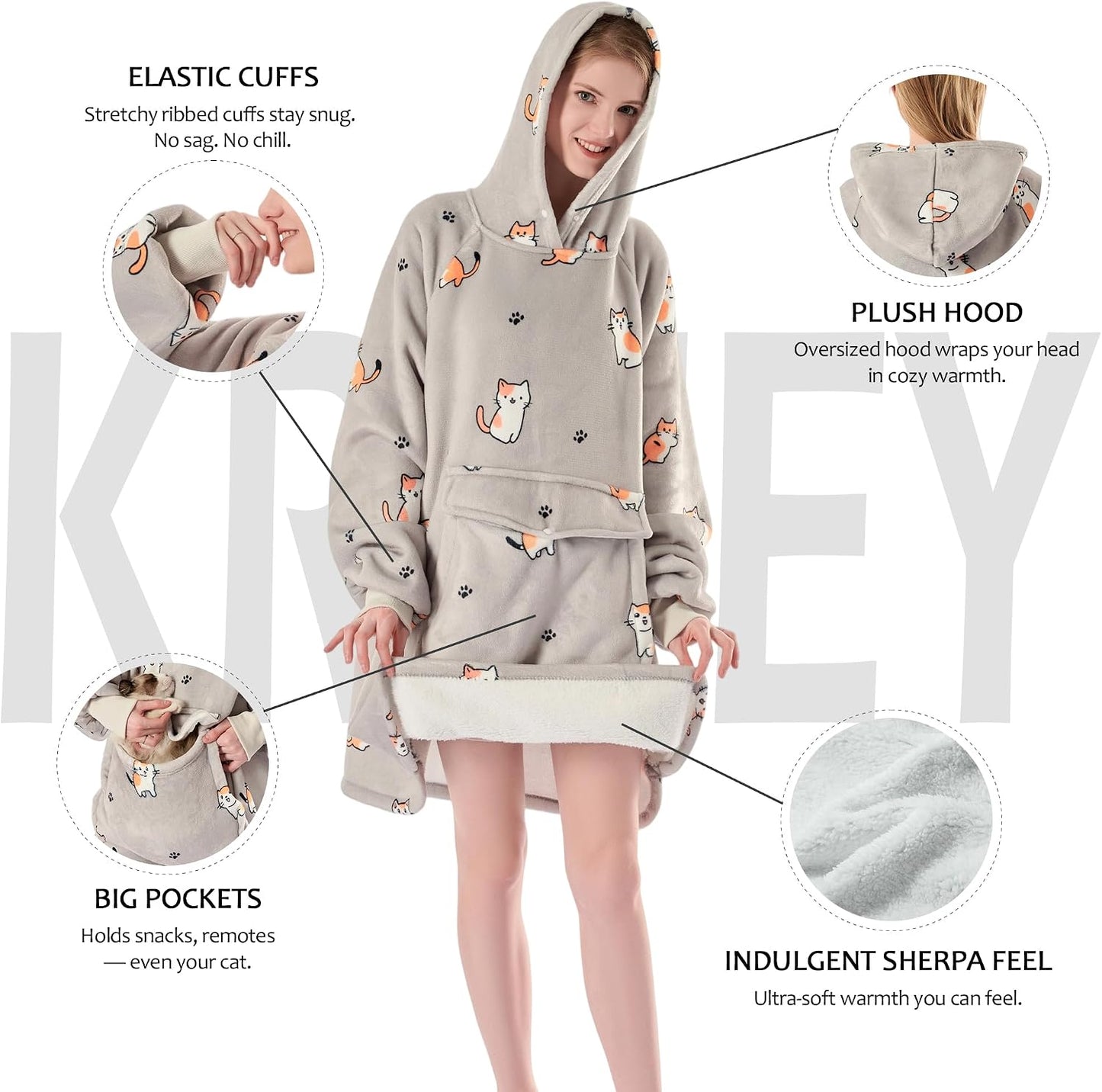 Krifey Wearable Blanket Hoodie, Oversized Sherpa Hooded Blanket for Adults | Soft sherpa fleece with sleeves and pocket; oversized fit for lounging, WFH, camping, Christmas and white elephant gifts.