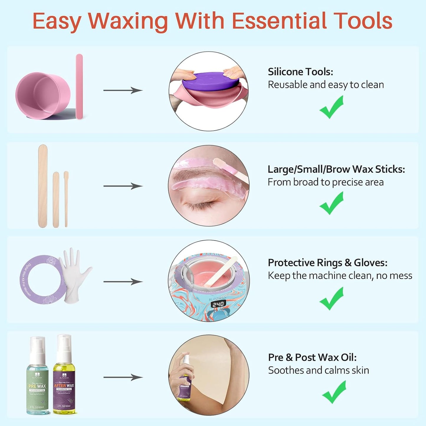 BLITZWAX Brazilian and Bikini Waxing Kit for Women, Hard Wax Warmer for Face, Legs and Body, At Home Hair Removal Kit, Beginner Friendly, Digital Fast Heating, 51 Wax Items