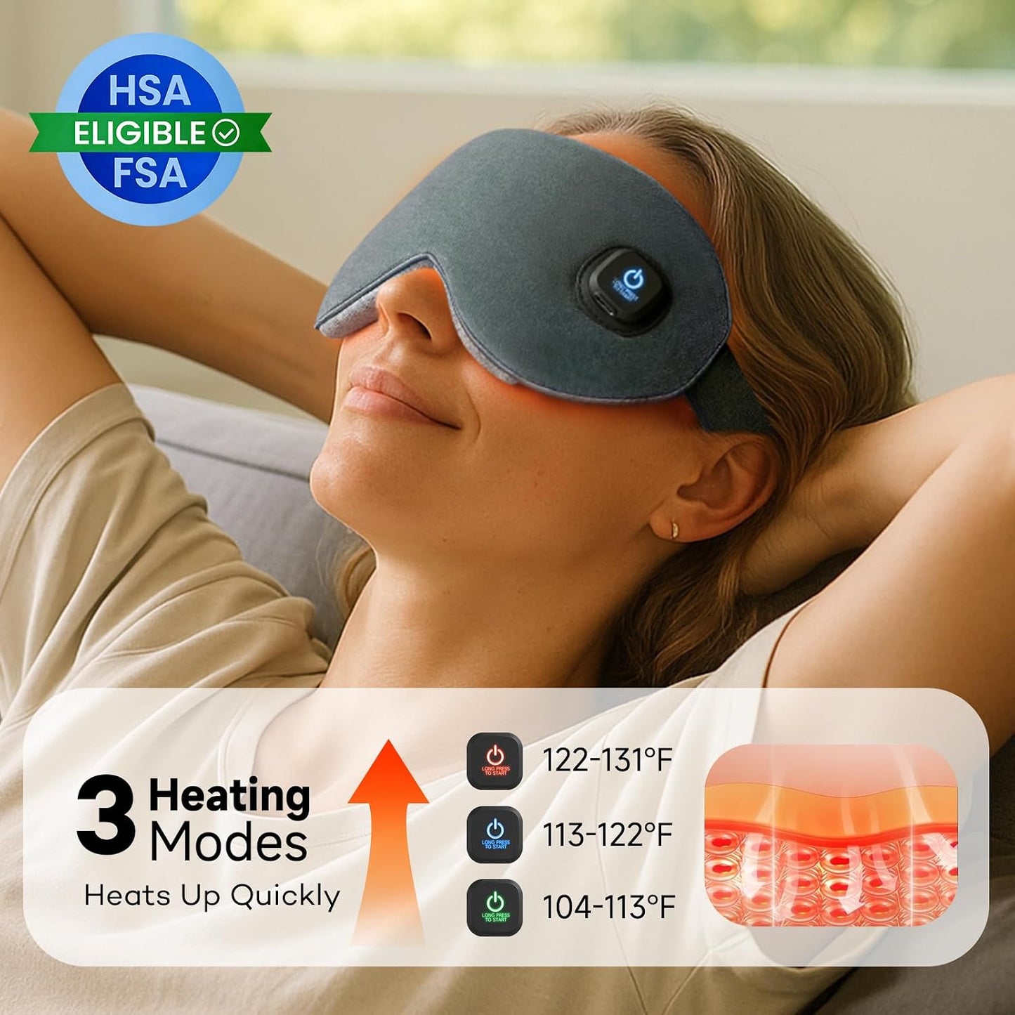 Ezona Cotton Cordless Heated Eye Mask, Warm Eye Compress Mask for Dry Eyes, Washable Eye Heating Pad for Travel, Dry Eyes, Blepharitis, Sinus Migraine (Blue)
