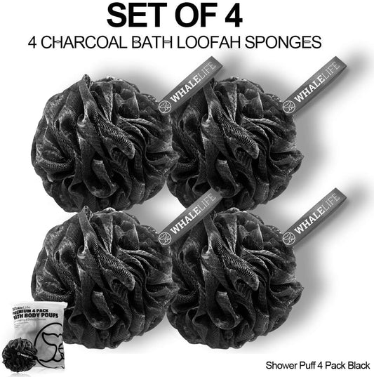 WhaleLife Bath Loofah Sponge for Shower - Body Scrubber 4-Pack Black