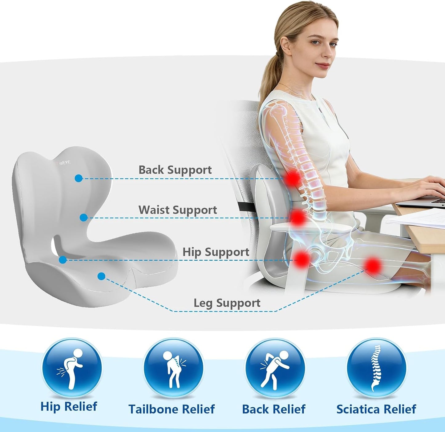 2026 Upgraded Orthopedic Memory Foam Seat Cushion with Adjustable Strap, Coccyx & Sciatica Pain Relief, Washable Non-Slip, Ergonomic Support for Office Chair, Car & Wheelchair (Dark Grey)