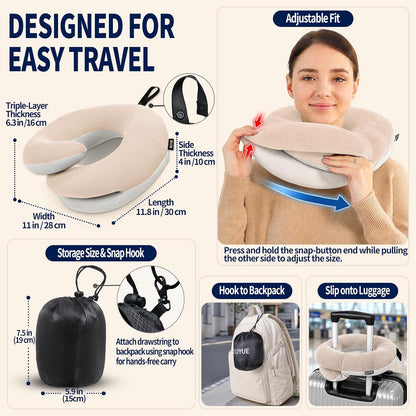 BUYUE Travel Neck Pillows for Airplanes, Memory Foam 360° Head Support Sleep for Long Flight, Skin-Friendly & Breathable, Kit with Eye Mask, Earplugs and Storage Bag (Adult, Grey, 90+ lbs)