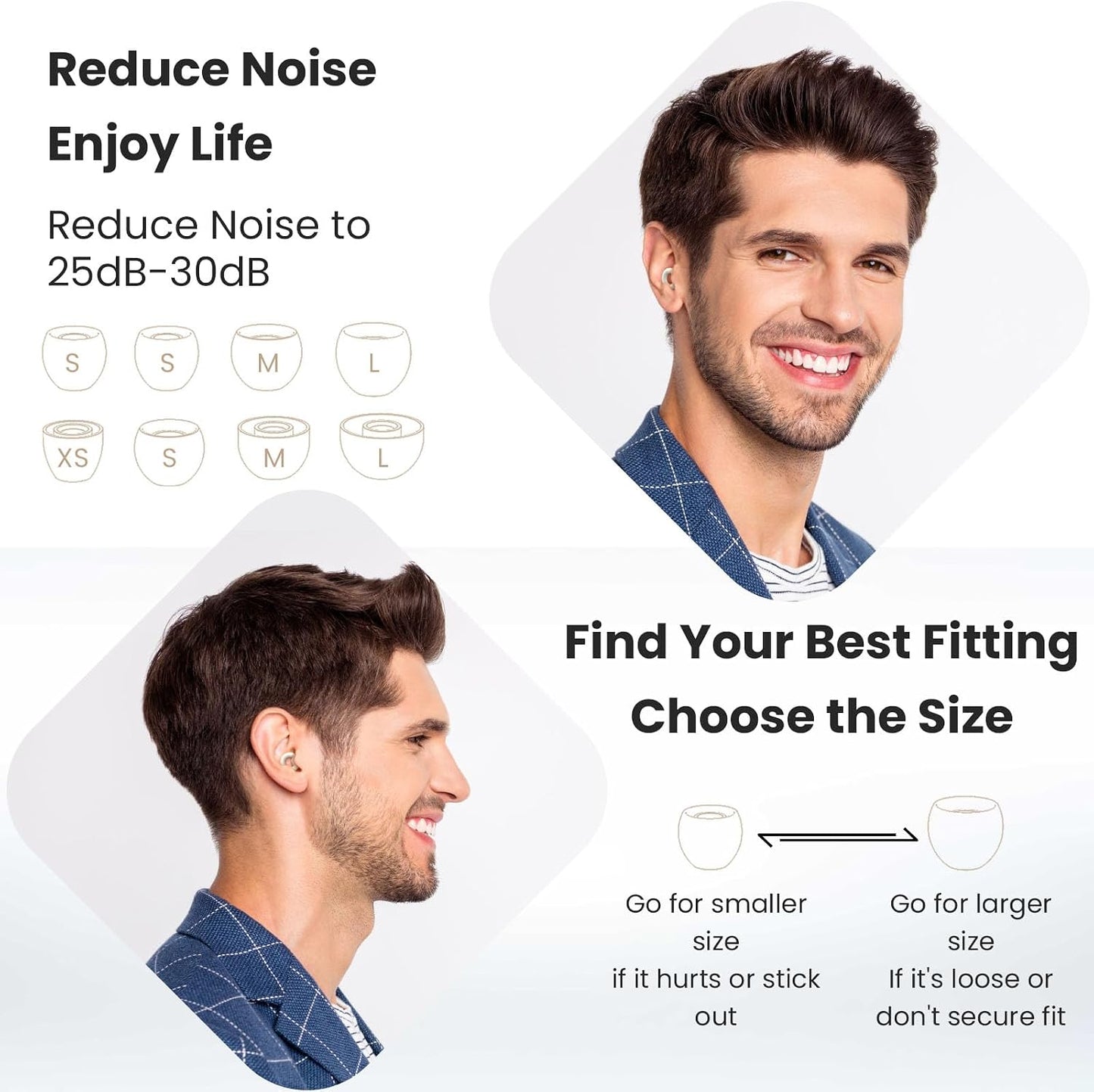 JUSTRVN Ear Plugs for Sleeping, 2 Pairs of Reusable Earplugs for Noise Reduction 25dB-30dB with 8 Ear Tips, Soft Hearing Protection Ear Plugs for Concert,Noise Sensitivity, Study & Work, Black